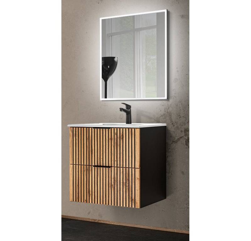 Lomadox Badmöbel-Set XANTEN-56, (Spar-Set, 2-St), anthrazit, Wotan Eiche Nb Rillen schwarz, Waschtisch 61cm, LED Spiegel von Lomadox