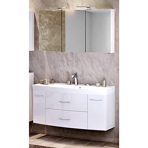 Lomadox Waschtisch Spiegelschrank Badezimmer Set in Hochglanz weiß 120cm Waschtisch & Unterschrank Waschbecken 3D Spiegelschrank & LED-Leuchten Steckdose von Lomadox