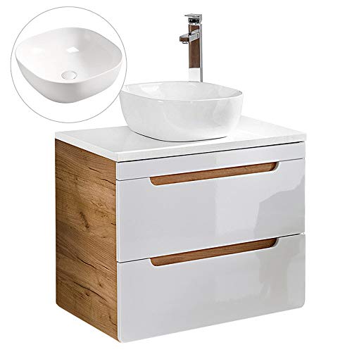 Lomadox Waschtisch-Unterschrank 60 cm Hocglanz weiß mit Wotan Eiche Nb. mit 41 cm Keramik Waschbecken Lomadox Waschtisch-Unterschrank 60 cm Hocglanz weiß mit Wotan Eiche Nb. mit 41 cm Keramik Waschbecken von Lomadox