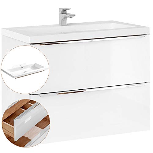 Lomadox Waschtisch-Unterschrank Set, Hochglanz weiß, 81cm Keramik-Waschbecken, 2 gedämpfte Softclose-Schubkästen, B/H/T ca, 81/61/46 cm von Lomadox