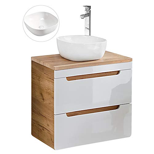 Lomadox Waschtisch mit 60 cm Unterschrank in Hochglanz weiß mit Wotan Eiche Nb. Softclose Schubkästen von Lomadox