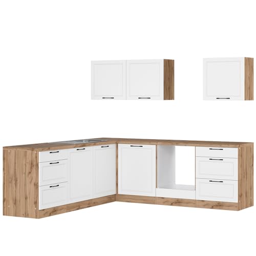 Lomadox Winkelküche Küche Einbauküche Küchenzeile L-Form 240/240 cm in weiß und Eiche, Arbeitsplatte in Eiche von Lomadox