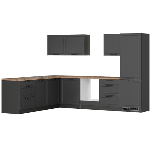 Lomadox Winkelküche Küche Einbauküche Küchenzeile L-Form 300/240 cm in grau, Arbeitsplatte in Eiche von Lomadox