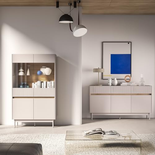 Lomadox Wohnmöbel-Set in Kaschmir matt mit Eiche Rillendetails Sideboard & Highboard inkl. Beleuchtung, 2-teilig von Lomadox
