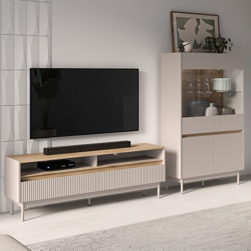 Lomadox Wohnwand 260 cm breit in Kaschmir mit Eiche inkl. LED Beleuchtung, Lowboard, Highboard, 2-teilig von Lomadox