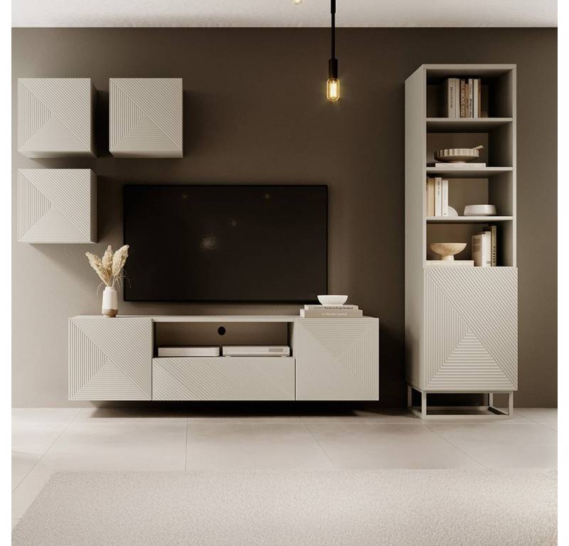 Lomadox Wohnwand ADARE-141, (5-St., Hängeschränke Lowboard Regal), in kaschmir mit gerillter Front und Metallgestell, Push-to-Open von Lomadox