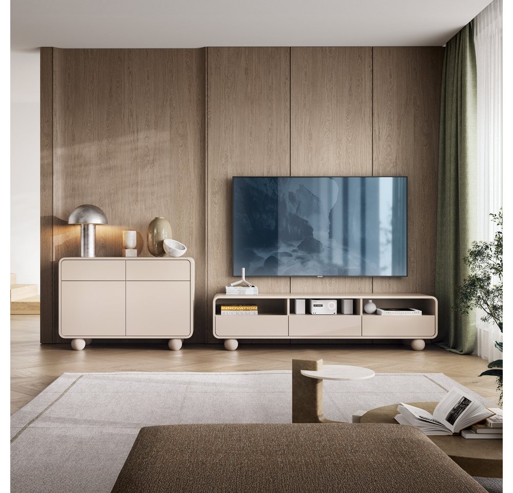 Lomadox Wohnwand ALBINIA-160, (2-St., Kommode Lowboard), Kaschmir Wohnmöbel mit Kugelfüßen, minimalistisch, grifflos, modern von Lomadox