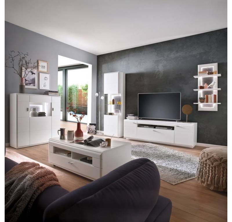Lomadox Wohnzimmer-Set ALIA-05, (Mega-Spar-Set, 5-St., 5-tlg), Fernsehwand montiert weiß Lowboard Highboard Vitrine Tisch Sideboard von Lomadox