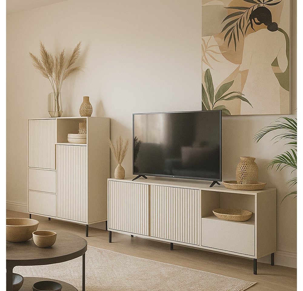Lomadox Wohnwand AMELIA-129, (2-St., Highboard Lowboard), Highboard Lowboard Kaschmir Rillen von Lomadox