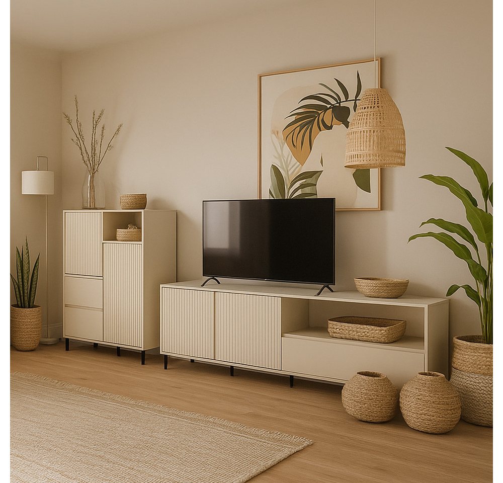 Lomadox Wohnwand AMELIA-129, (2-St., Highboard Lowboard), Highboard Lowboard Kaschmir Rillen von Lomadox