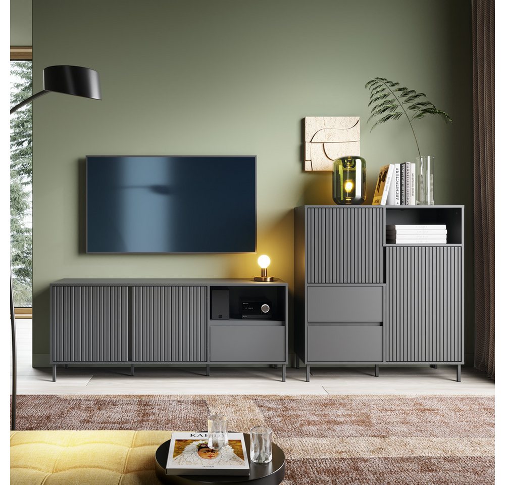 Lomadox Wohnwand AMELIA-129, (2-St., Highboard Lowboard), Lowboard Highboard Anthrazit Grau Rillen von Lomadox
