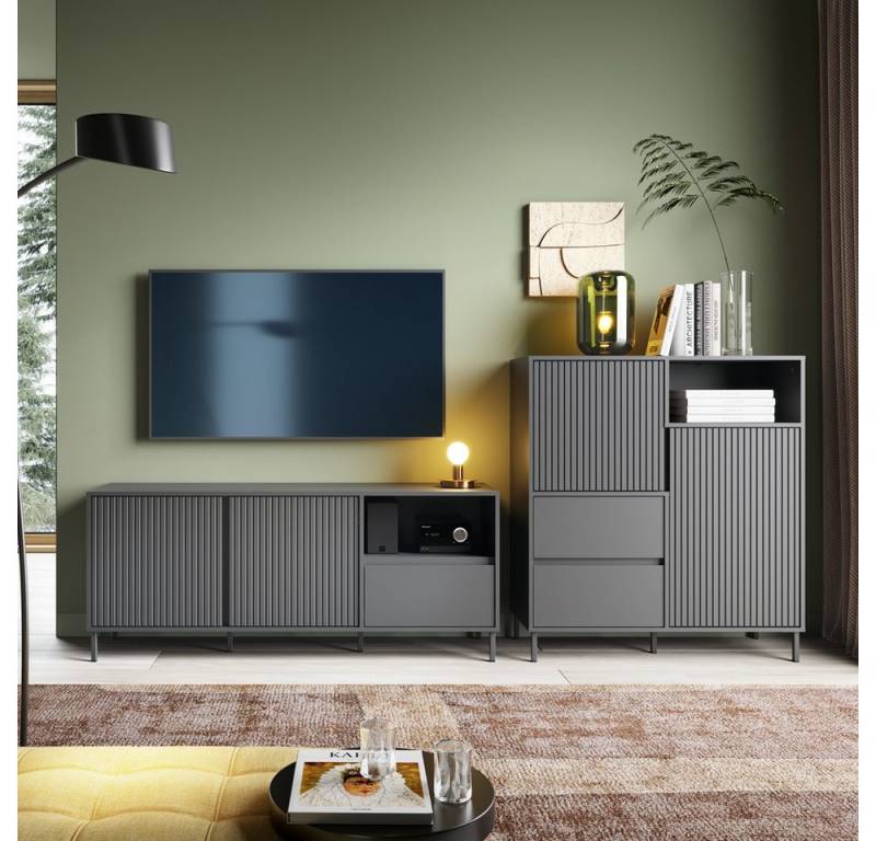 Lomadox Wohnwand AMELIA-129, (2-St., Highboard Lowboard), Lowboard Highboard Anthrazit Grau Rillen von Lomadox