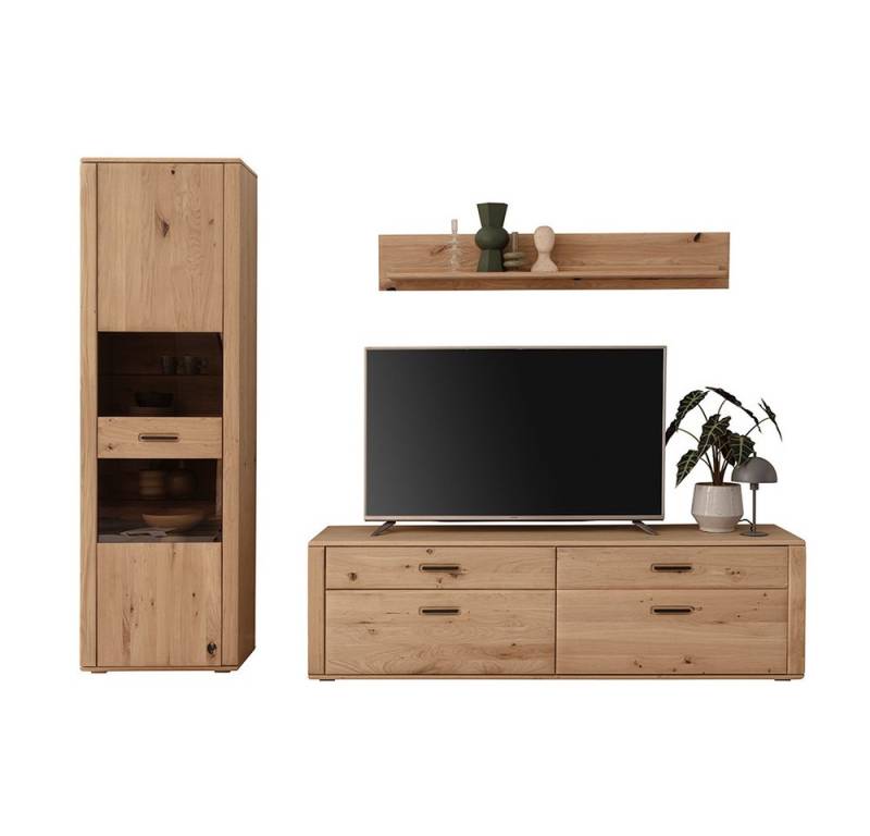 Lomadox Wohnwand ANCONA-05, (3-St., Vitrine Wandboard Lowboard), Wohnmöbel Set, Schrankwand, Eiche teilmassiv geölt von Lomadox