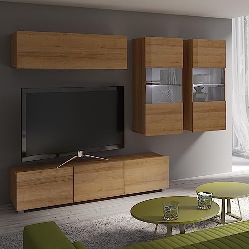 Lomadox Wohnwand Anbauwand Eiche Nb. 4-teilig Modern, mit 1 TV-Lowboard, 1 Hängeschrank, 2 Hängevitrinen mit Beleuchtung von Lomadox