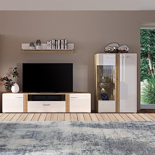 Lomadox Wohnwand Anbauwand Fernsehwand TV Wand in Eiche Nb. modern mit Fronten in Hochglanz weiß 3-teilig, TV-Lowboard, Highboard und Wandregal, inkl. LED Beleuchtung von Lomadox