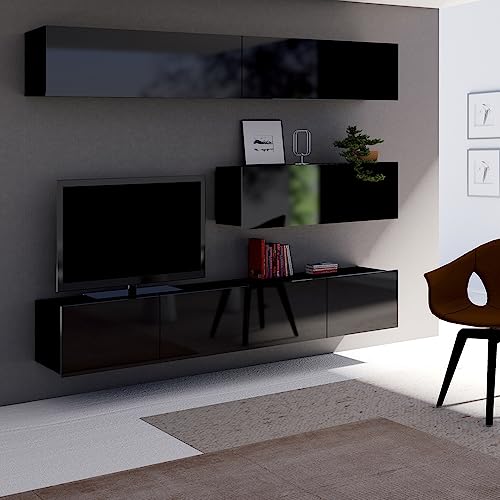 Lomadox Wohnwand Anbauwand schwarz Hochglanz 5-teilig Modern, mit 2 TV-Lowboards, 3 horizontale Hängeschränke von Lomadox