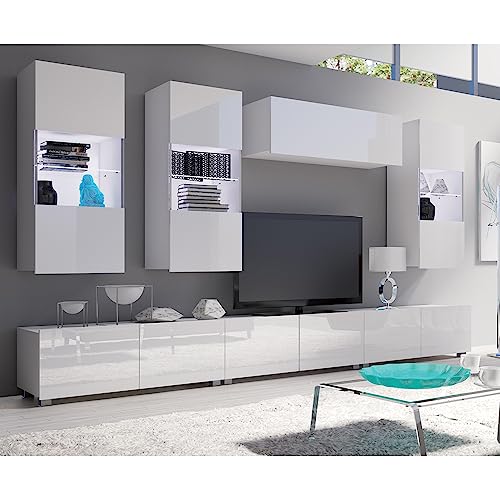 Lomadox Wohnwand Anbauwand weiß Hochglanz 6-teilig Modern, mit 2 TV-Lowboards, 3 Hängevitrinen, 1 Stauraumschrank von Lomadox