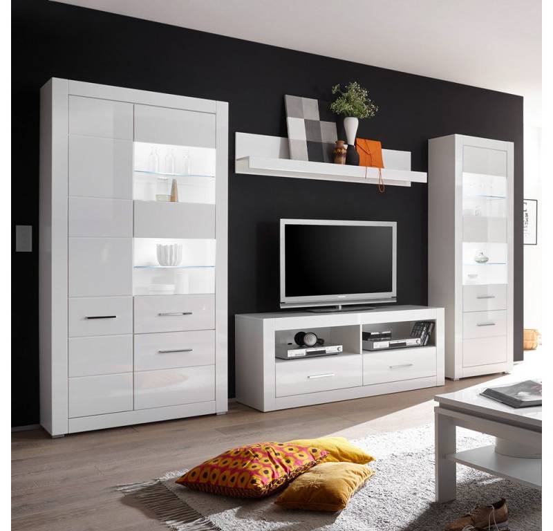 Lomadox Wohnwand BALVE-61, (2-St), Anbauwand weiß Hochglanz mit Stand-Vitrine & LED, BxHxT: 335x198x45cm von Lomadox