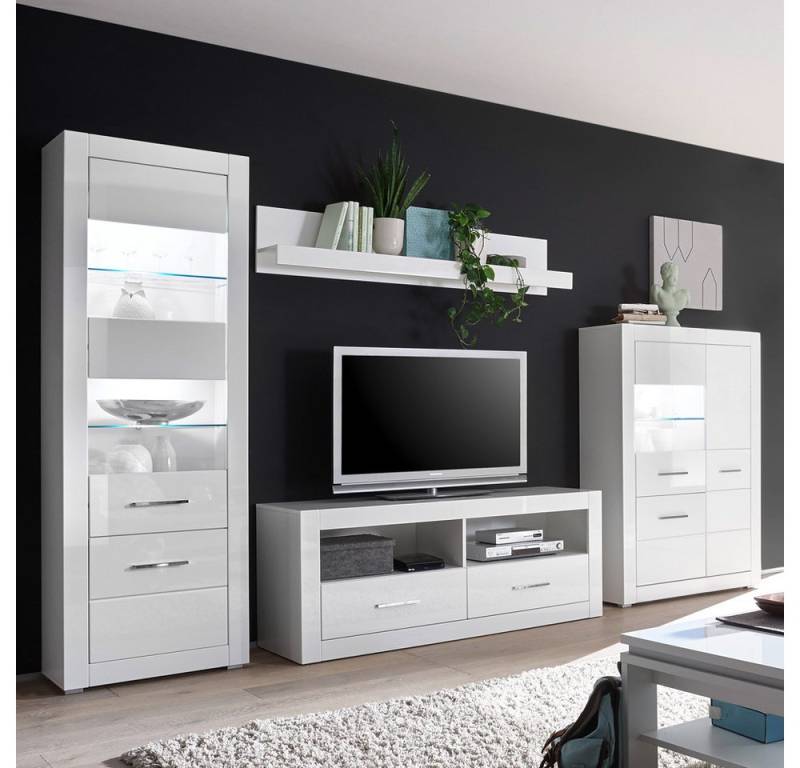 Lomadox Wohnwand BALVE-61, (2-St), Vitrine TV Board Wandregal 335 breit weiß hochglanz von Lomadox