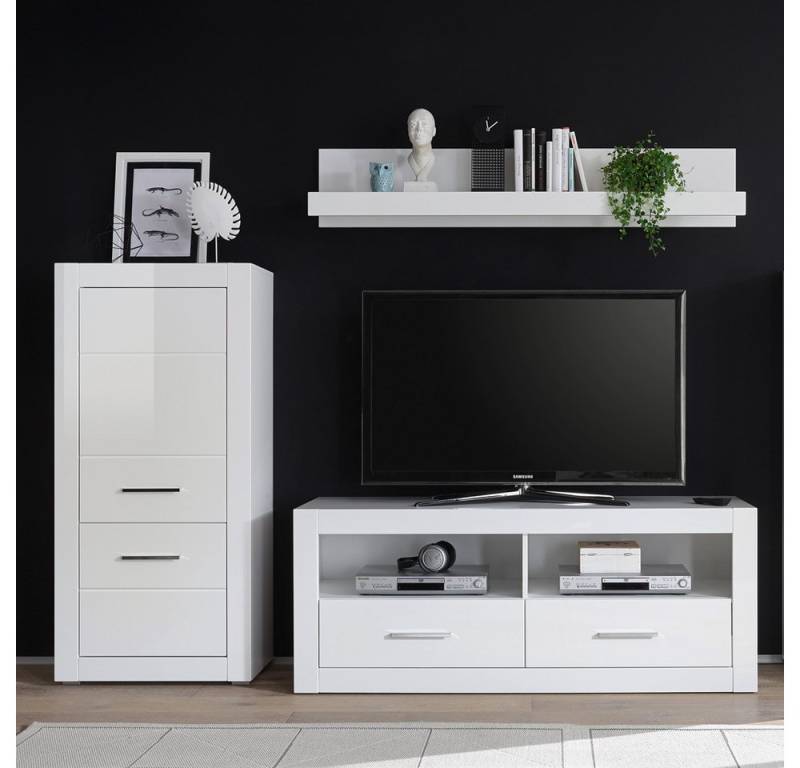 Lomadox Wohnwand BALVE-61, (4-St), TV Media Hochglanz weiß mit Wandboard & Kommode BxHxT: 230x139x45cm von Lomadox