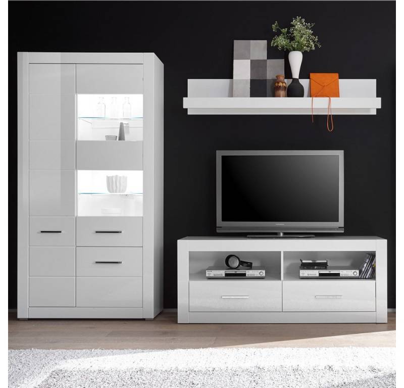 Lomadox Wohnwand BALVE-61, (5-St), Wohnzimmer -Set inkl. Vitrine mit LED in Hochglanz weiß 265x198x45cm von Lomadox