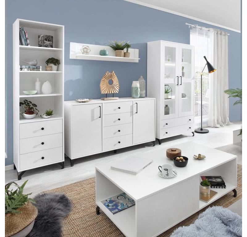 Lomadox Wohnzimmer-Set BEND-133, (Mega-Spar-Set, 5-St., 5-tlg), weiß Glanz modern Regal Sideboard Wandregal Vitrine Couchtisch von Lomadox
