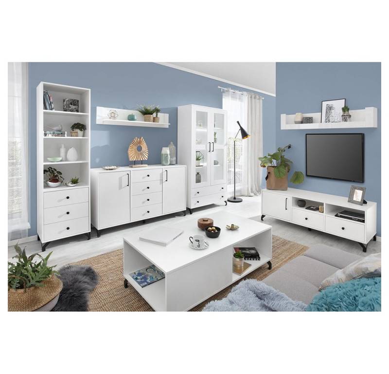 Lomadox Wohnzimmer-Set BEND-133, (Mega-Spar-Set, 7-St., 7-tlg), weiß Glanz Wohnwand Couchtisch Regal Vitrine Sideboard Wandregal von Lomadox