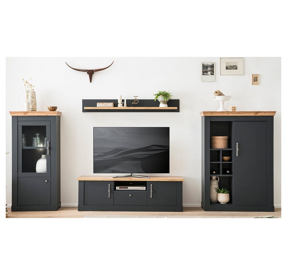 Lomadox Wohnzimmer-Set CESENA-61, (Mega-Spar-Set, 4-St., 4-tlg), set im Landhaus Stil in anthrazit mit Wotan Eiche Nb., 377/170/45 cm von Lomadox