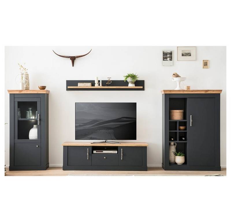 Lomadox Wohnzimmer-Set CESENA-61, (Mega-Spar-Set, 4-St., 4-tlg), set im Landhaus Stil in anthrazit mit Wotan Eiche Nb., 377/170/45 cm von Lomadox