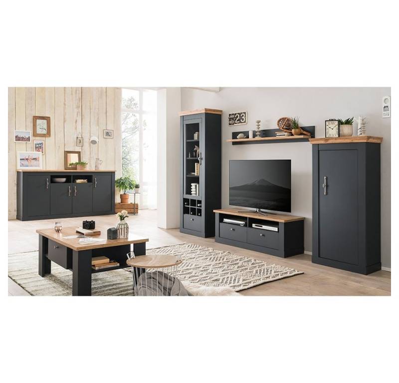 Lomadox Wohnzimmer-Set CESENA-61, (Mega-Spar-Set, 6-St., 6-tlg), inkl. Beleuchtung in anthrazit mit Wotan Eiche Nb. von Lomadox
