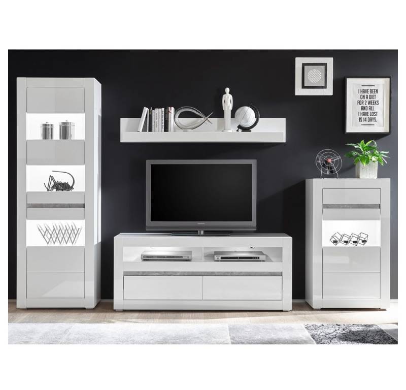Lomadox Wohnwand COGO-61, (Mega-Spar-Set, 2-St), weiß Hochglanz und Griffmulden Betonoptik 302x198x42cm von Lomadox