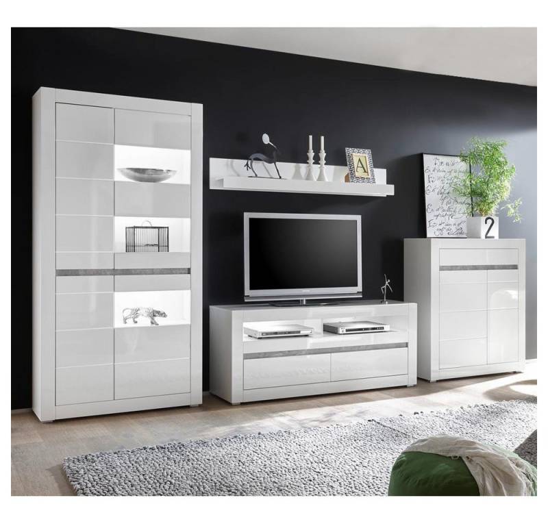 Lomadox Wohnwand COGO-61, (Mega-Spar-Set, 2-St), in weiß Hochglanz mit Beton inkl. LED BxHxT: 370x198x42cm von Lomadox