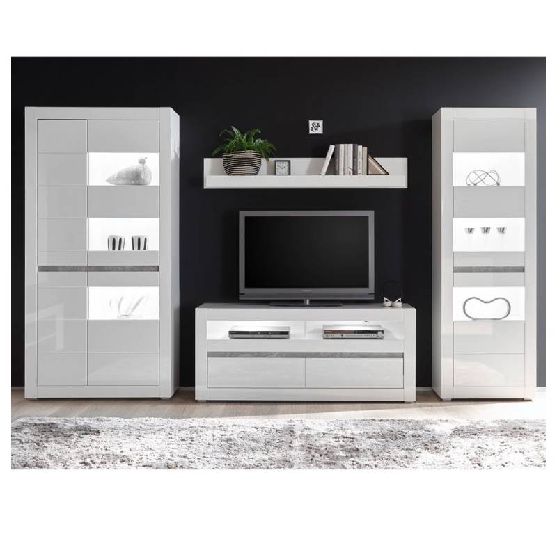 Lomadox Wohnwand COGO-61, (Mega-Spar-Set, 3-St), weiß Hochglanz und Griffmulden in Betonoptik 336x198x42cm von Lomadox