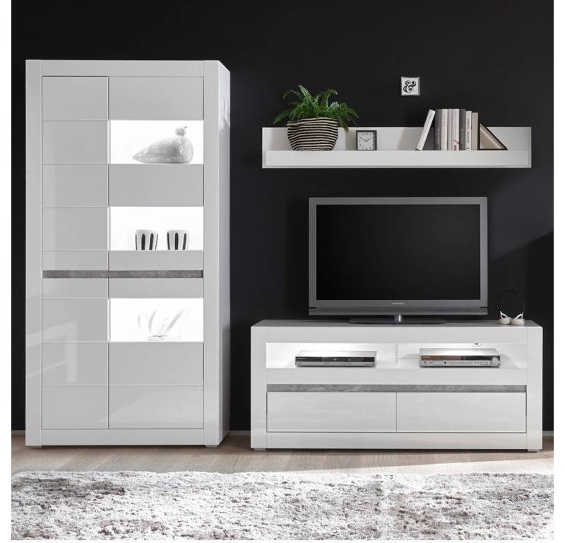 Lomadox Wohnwand COGO-61, (Mega-Spar-Set, 5-St), weiß Hochglanz mit Griffmulden in Betonoptik 265x198x42cm von Lomadox