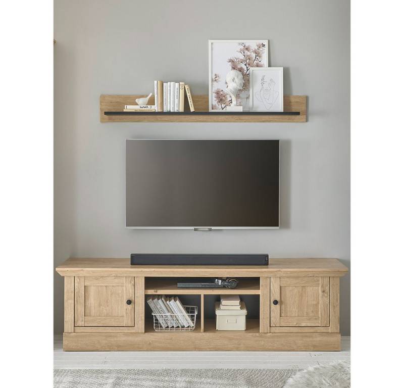 Lomadox Wohnwand COLBY-61, (2-St., Lowboard Vitrine Wandregal), in Eiche mit Beleuchtung, Landhausstil, schwarze Metallgriffe von Lomadox