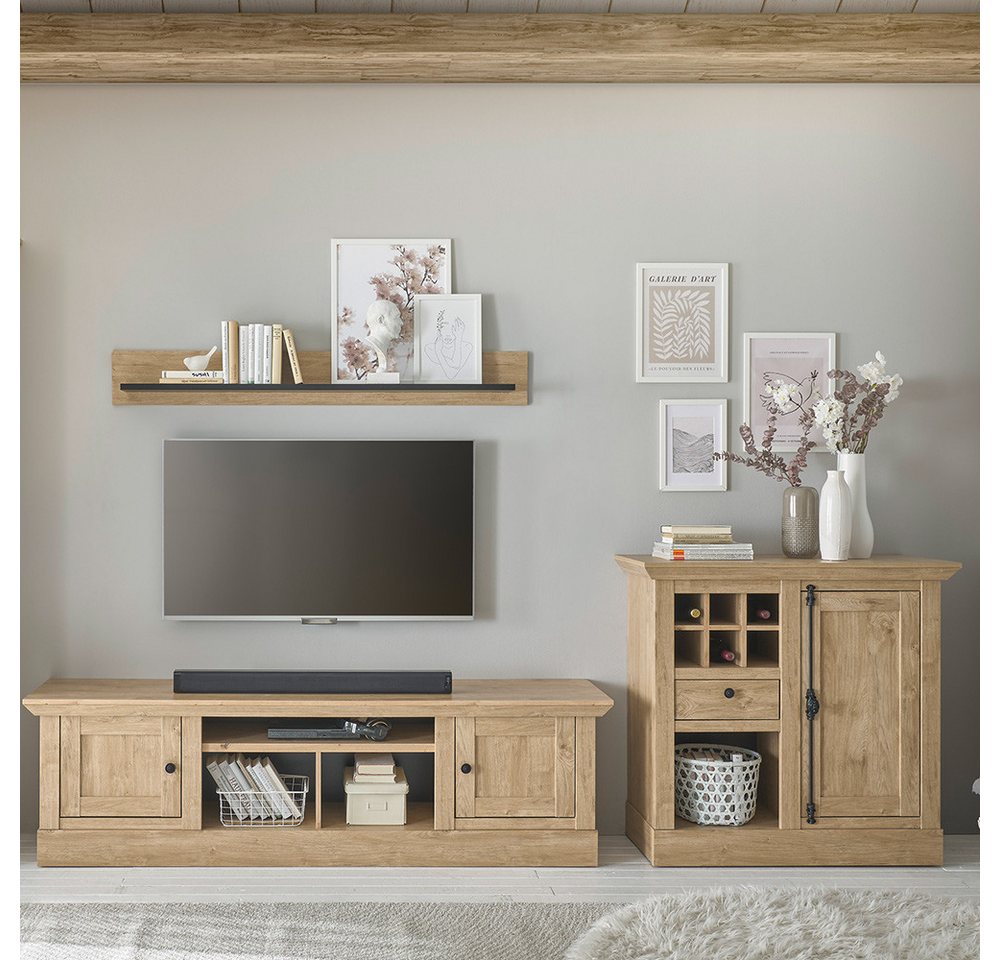 Lomadox Wohnwand COLBY-61, (3-St., Kommode Lowboard Wandregal), in Eiche mit LED-Beleuchtung, Landhausstil, schwarze Metallgriffe von Lomadox