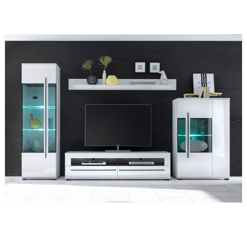Lomadox Wohnwand COLORADO-61, (2-St), weiß Hochglanz inkl. LED mit Glaseinsätzen aus Grauglas 360x200x42cm von Lomadox