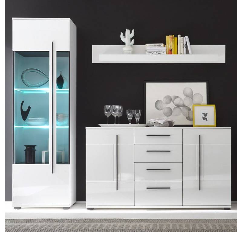 Lomadox Wohnwand COLORADO-61, (4-St), weiß Hochglanz mit Vitrine inkl. LED Tür mit Grauglas 225x200x42cm von Lomadox