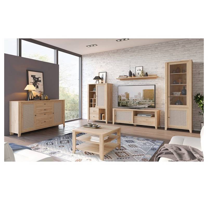 Lomadox Wohnzimmer-Set CREMONA-129, (Mega-Spar-Set, 6-St., 6-tlg), Wohnzimmer Komplett Set in Eiche Nb. mit Wiener Geflecht Nb. von Lomadox
