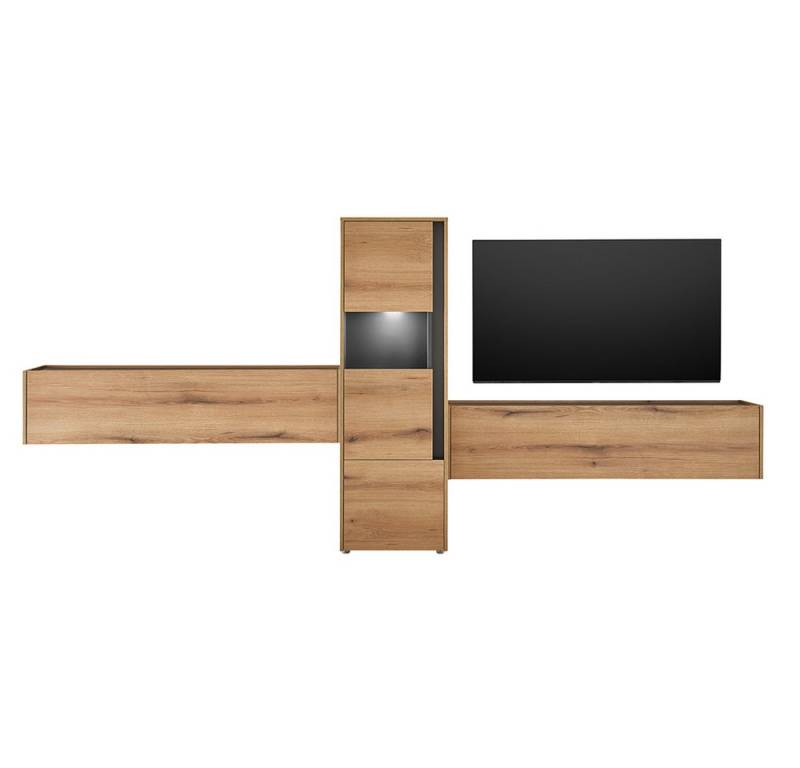 Lomadox Wohnwand CRISP-61, (3-St., Vitrine Beleuchtung Hängeschränke), in Eiche Nb. mit anthrazit, inkl. LED-Beleuchtung von Lomadox