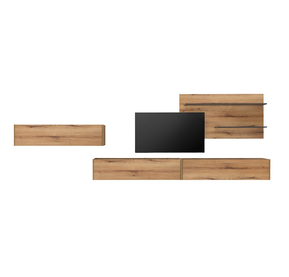Lomadox Wohnwand CRISP-61, (4-St., Wandpaneel Beleuchtung Hängeschränke), in Eiche Nb. mit anthrazit, inkl. LED-Beleuchtung von Lomadox