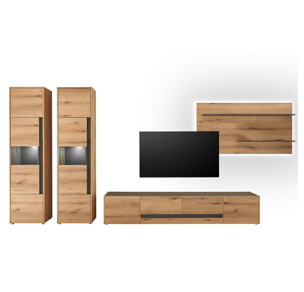 Lomadox Wohnwand CRISP-61, (4-St., Wandpaneel Beleuchtung Lowboard Vitrine Beleuchtung), in Eiche Nb. mit anthrazit, inkl. LED-Beleuchtung von Lomadox