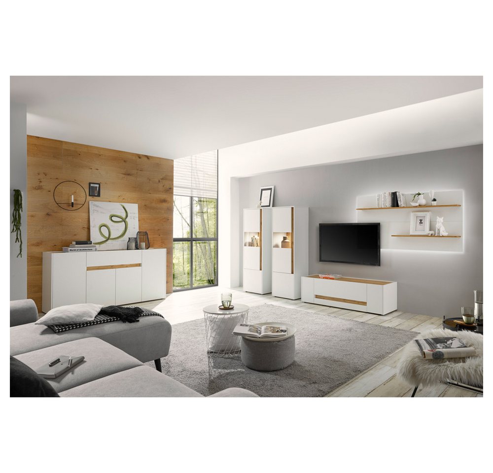 Lomadox Wohnzimmer-Set CRISP-61, (Mega-Spar-Set, 5-St., 5-tlg), weiß mit Absetzungen in Wotan Eiche Nb. von Lomadox
