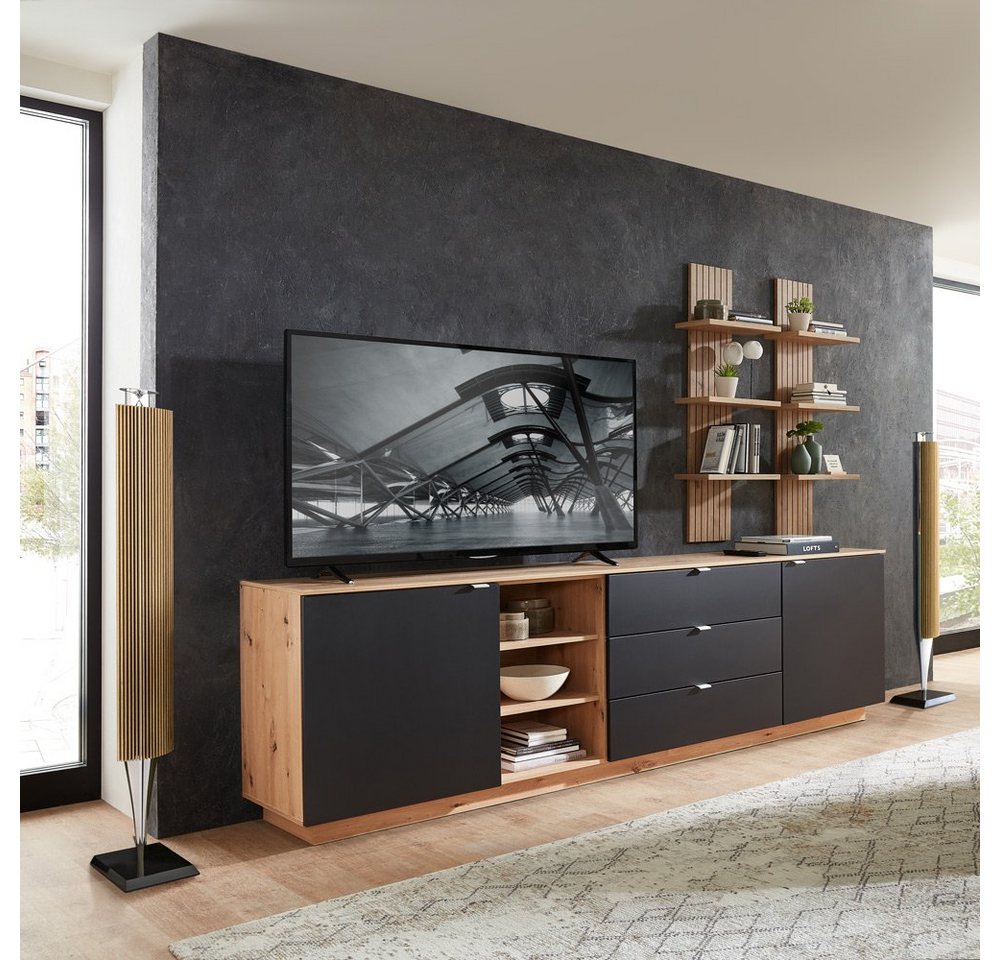 Lomadox Wohnwand CUST-36, (3-St., 3-tlg), Set mit 2 Wandboards schwarz mit Eiche 240 cm Wohnwand Fernsehschrank von Lomadox