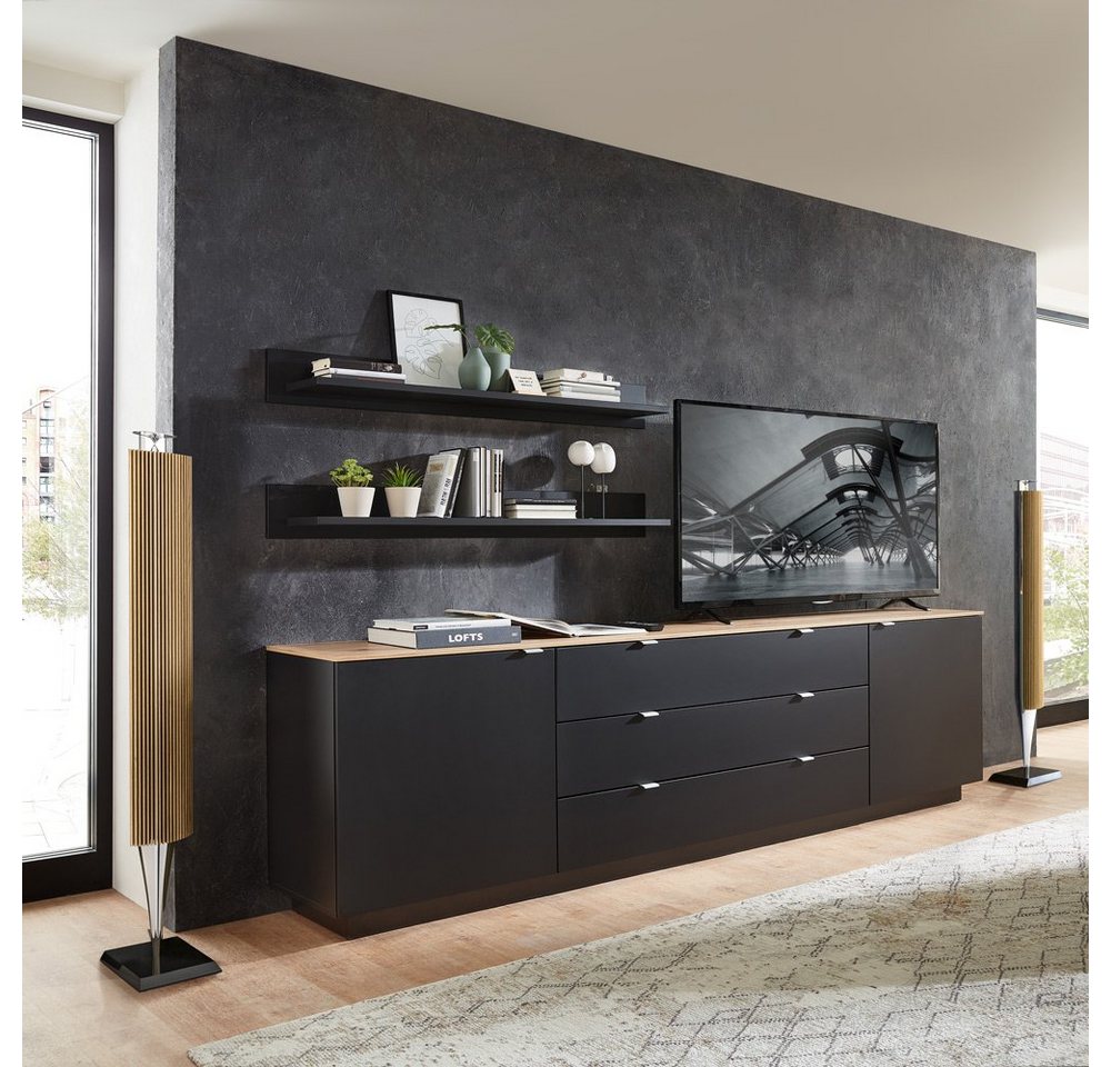 Lomadox Sideboard CUST-36, Set mit 2 Wandboards schwarz mit Eiche 240 cm Wohnwand Fernsehschrank von Lomadox