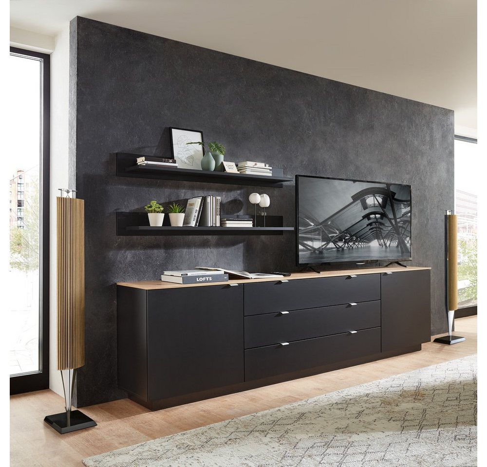 Lomadox Wohnwand CUST-36, (3-St., 3-tlg), Set mit 2 Wandboards schwarz mit Eiche 240 cm Wohnwand Fernsehschrank von Lomadox