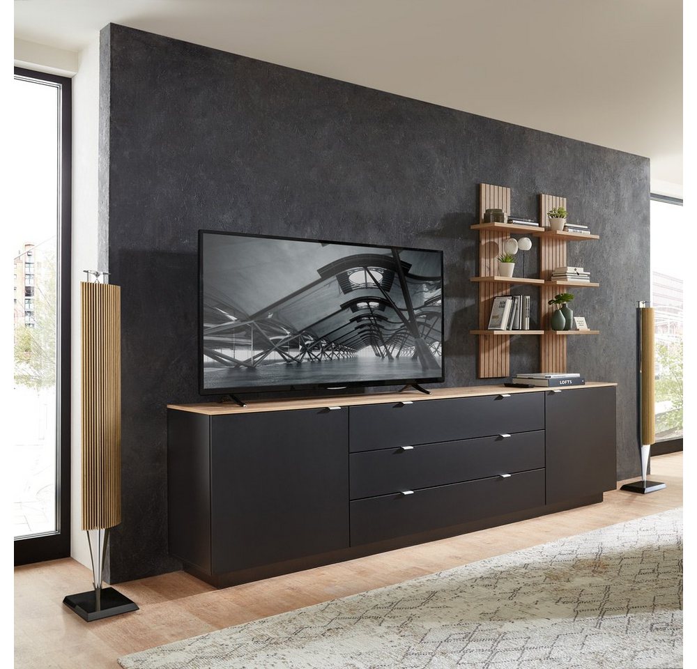 Lomadox Wohnwand CUST-36, (3-St., 3-tlg), Set mit 2 Wandboards schwarz mit Eiche 240 cm Wohnwand Fernsehschrank von Lomadox