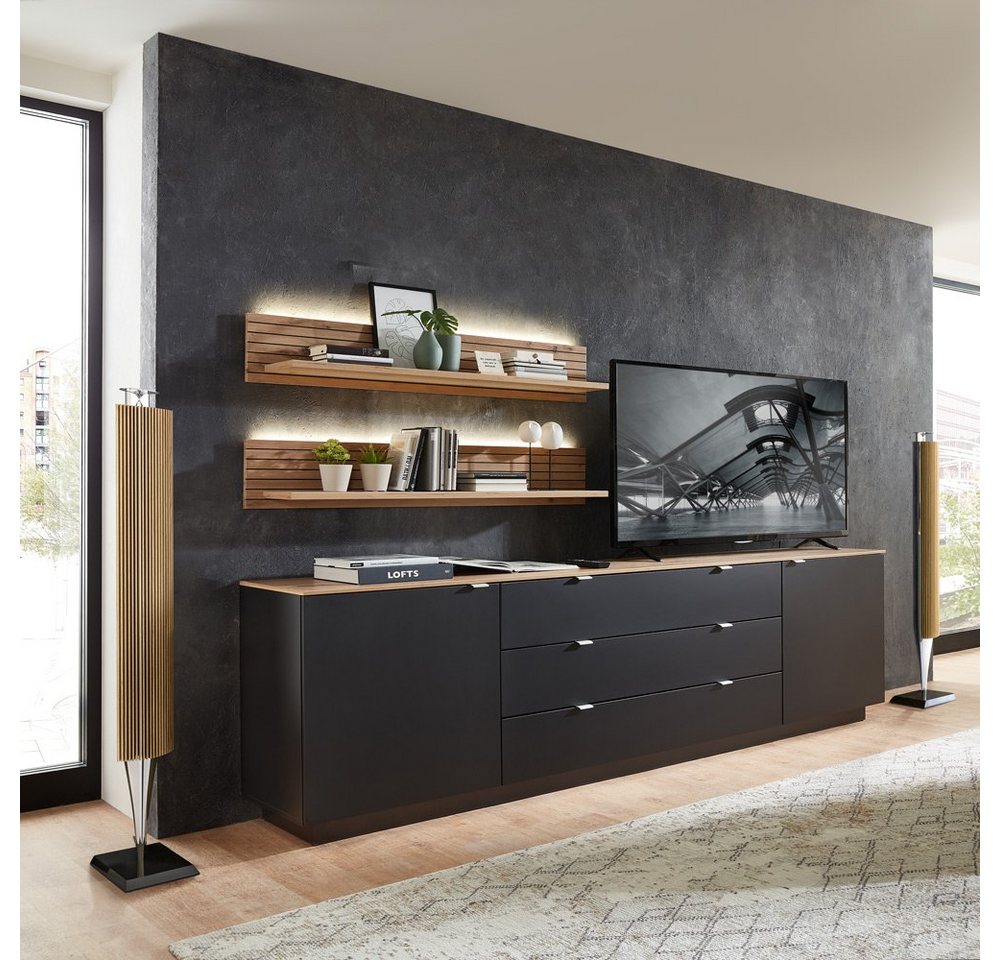 Lomadox Wohnwand CUST-36, (3-St), Set mit 2 Wandboards schwarz mit Eiche 240 cm Wohnwand Fernsehschrank von Lomadox