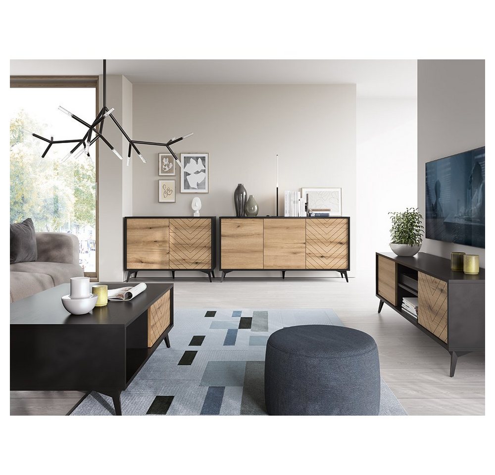 Lomadox Wohnwand DALE-160, (4-St., 4-tlg), SchränkeLowboard Kommode Sideboard Couchtisch Eiche, schwarz von Lomadox