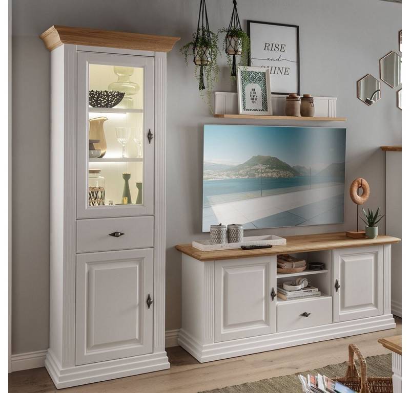 Lomadox Wohnwand ESBJERG-69, (3-St), Kiefer weiß lackiert mit Eiche geölt, Landhausstil, inkl. Beleuchtung von Lomadox